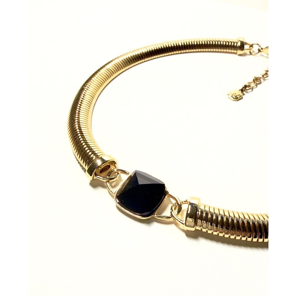 Vintage Monet Black enamel w/ rhinestones omega chain gold plated necklace